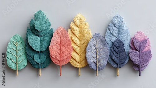 Colorful paper leaves arranged in a row