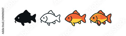 Vector icon carp fish same pose same proportions four styles black solid glyph outline minimal flat multicolor filled cartoon flat shaded.