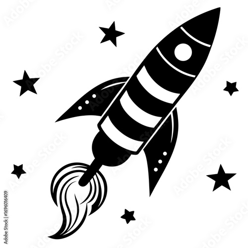 Black and white rocket launching into space among stars a symbol of exploration and discovery