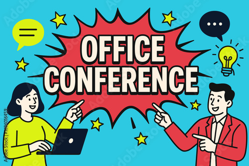 Office Conference banner flat vector illustration bold oversized text inside comic burst cartoon characters pointing with laptops and light bulbs bright solid colors in cyan blue ruby red.