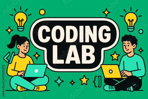Coding Lab banner flat vector illustration bold oversized text inside outline cartoon characters sitting with laptops and light bulbs bright solid colors in emerald green laser lemon aqua.
