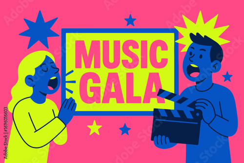 Music Gala banner flat vector illustration bold oversized text inside rectangular frame cartoon characters shouting with clapper board bright solid colors in neon pink vivid blue hot lime.