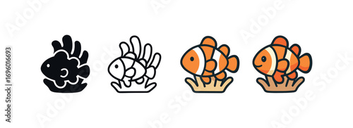 Vector icon clownfish anemone same pose same proportions four styles black solid glyph outline minimal flat multicolor filled cartoon flat shaded.