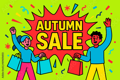 Autumn Sale banner flat vector illustration bold oversized text inside splash explosion cartoon characters waving with shopping bags bright solid colors in neon red vivid lime hot cyan high.