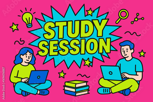 Study Session banner flat vector illustration bold oversized text inside splash explosion cartoon characters sitting with laptops and books bright solid colors in neon purple vivid lime hot.