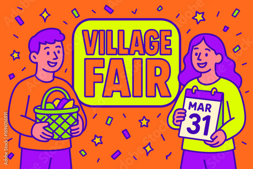 Village Fair banner flat vector illustration bold oversized text inside outline cartoon characters holding baskets and calendars bright solid colors in neon orange vivid purple hot lime.
