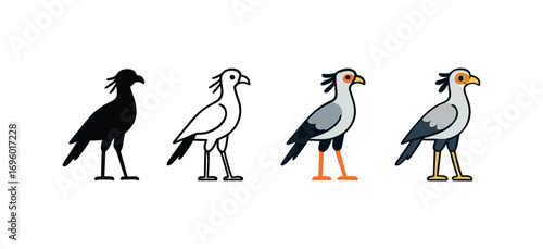 Vector icon secretary bird same pose same proportions four styles black solid glyph outline minimal flat multicolor filled cartoon flat shaded.