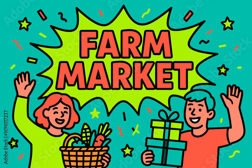 Farm Market banner flat vector illustration bold oversized text inside comic burst cartoon characters waving with baskets and gift boxes bright solid colors in neon coral vivid lime bright.