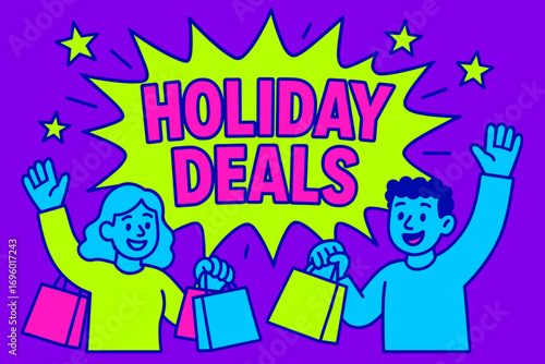 Holiday Deals banner flat vector illustration bold oversized text inside splash explosion cartoon characters waving with shopping bags bright solid colors in neon purple vivid lime bright.