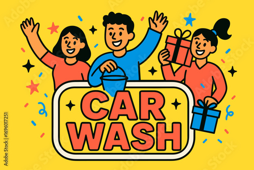 Car Wash banner flat vector illustration bold oversized text inside outline cartoon characters waving with buckets and gift boxes bright solid colors in neon vivid coral bright blue high.