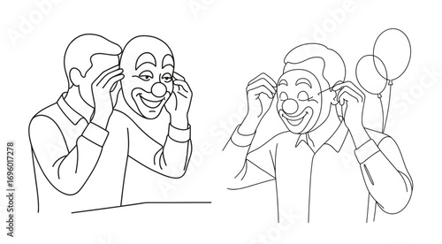 Man putting on clown mask and smiling for Halloween illustration concept  