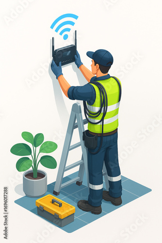 Technician on ladder installing wireless tower equipment with plant and tools vector illustration
