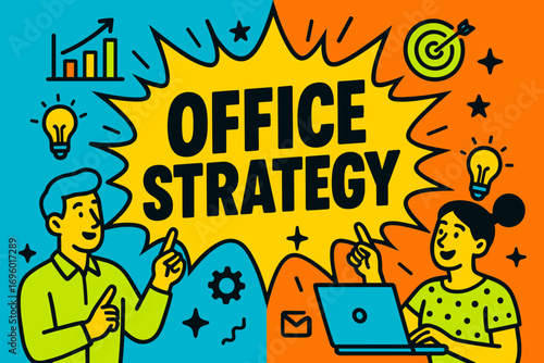Office Strategy banner flat vector illustration bold oversized text inside comic burst cartoon characters pointing with light bulbs and laptops bright solid colors in neon blue vivid lime.