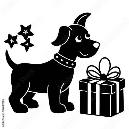 Festive Puppy Illustration with Gift and Stars Black and White Holiday Design for Cards and More