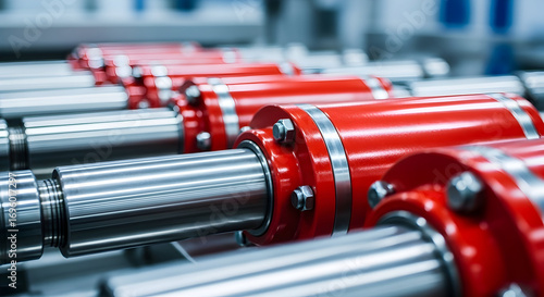 High precision industrial hydraulic cylinders manufacturing process automation machinery technology engineering equipment components parts red metal steel chrome