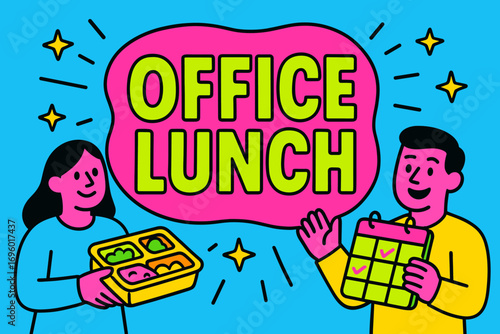 Office Lunch banner flat vector illustration bold oversized text inside rounded blob cartoon characters holding food boxes and calendars bright solid colors in neon pink vivid lime hot cyan.