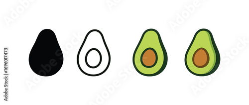 Vector icon avocado half same pose same proportions four styles black solid glyph outline minimal flat multicolor filled cartoon flat shaded.
