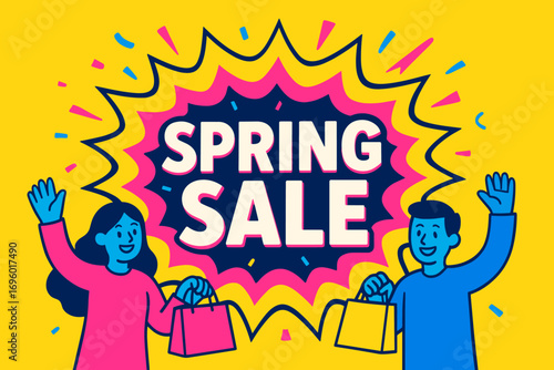 Spring Sale banner flat vector illustration bold oversized text inside splash explosion cartoon characters waving with shopping bags bright solid colors in neon pink vivid blue hot high.