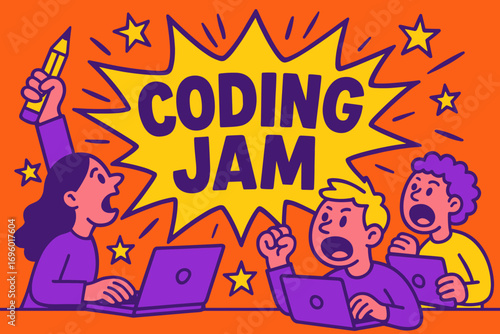Coding Jam banner flat vector illustration bold oversized text inside comic burst cartoon characters shouting with laptops and pencils bright solid colors in neon orange vivid purple bright.