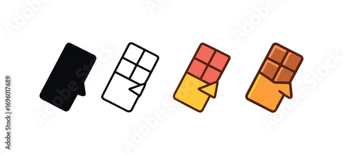 Vector icon chocolate bar same pose same proportions four styles black solid glyph outline minimal flat multicolor filled cartoon flat shaded.
