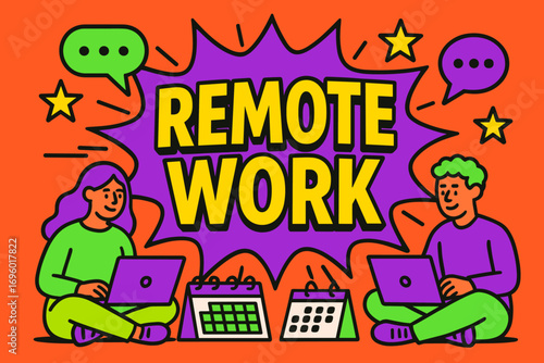 Remote Work banner flat vector illustration bold oversized text inside comic burst cartoon characters sitting with laptops and calendars bright solid colors in neon orange vivid purple.