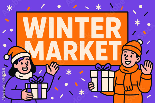 Winter Market banner flat vector illustration bold oversized text inside rectangular frame cartoon characters waving with gift boxes bright solid colors in neon orange vivid purple snow.