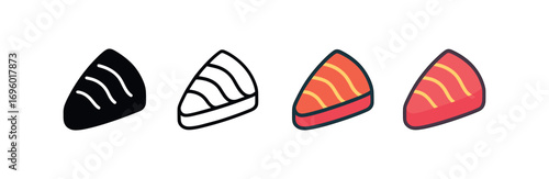 Vector icon sashimi slice same pose same proportions four styles black solid glyph outline minimal flat multicolor filled cartoon flat shaded.