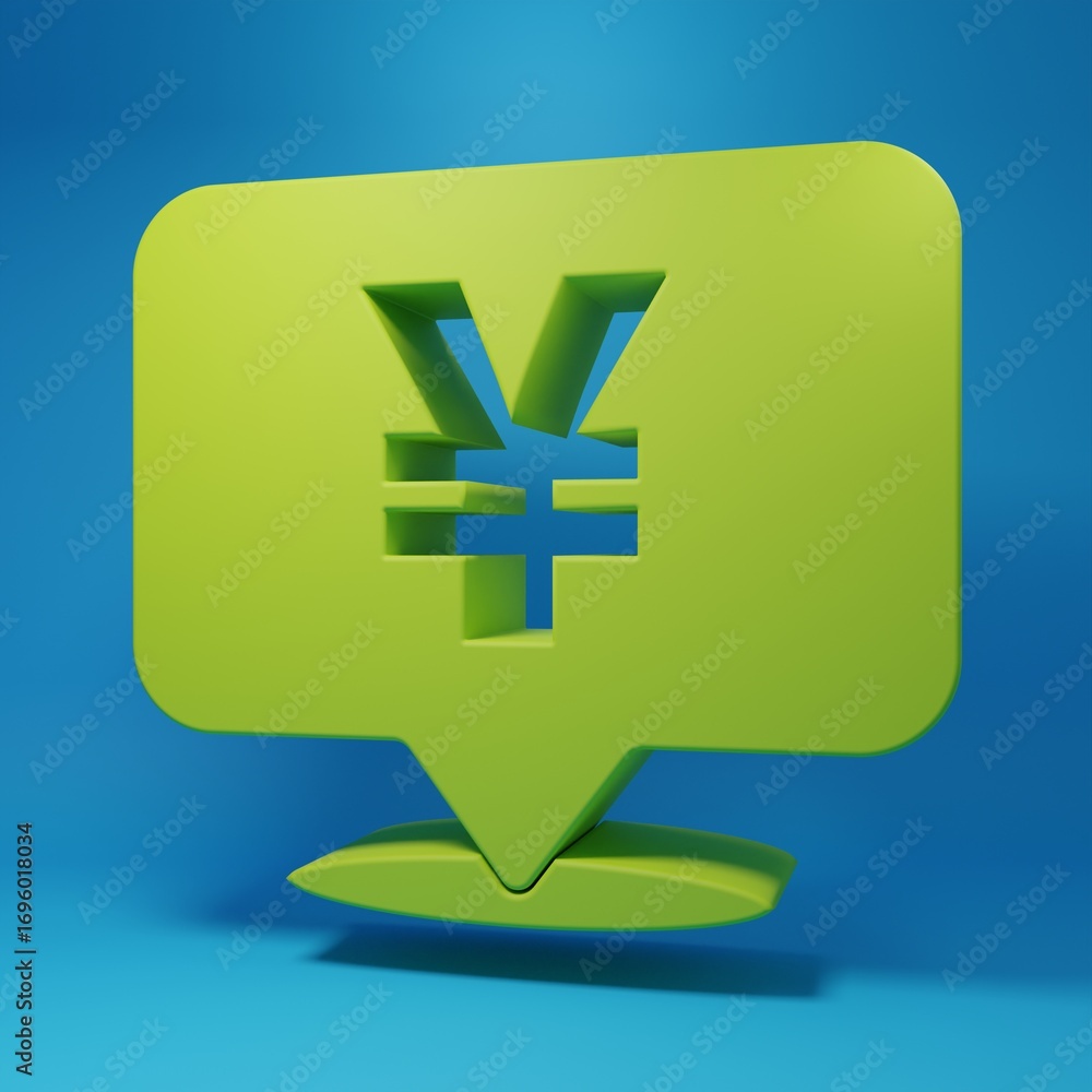 Fototapeta premium Green Chinese Yuan currency symbol icon isolated on blue background. Coin money. Banking currency sign. Cash symbol. Minimalism concept. 3D render illustration
