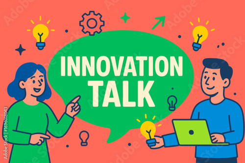 Innovation Talk banner flat vector illustration bold oversized text inside rounded blob cartoon characters pointing with light bulbs and laptops bright solid colors in neon coral vivid.