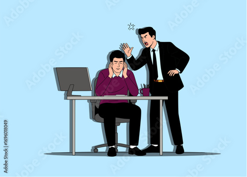 Angry boss yelling at stressed employee at office desk vector illustration