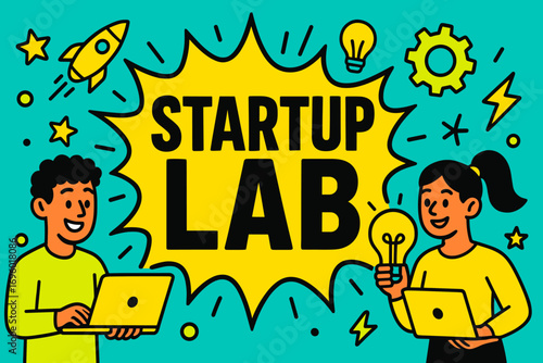 Startup Lab banner flat vector illustration bold oversized text inside comic burst cartoon characters holding laptops and light bulbs bright solid colors in neon turquoise bright lime hot.
