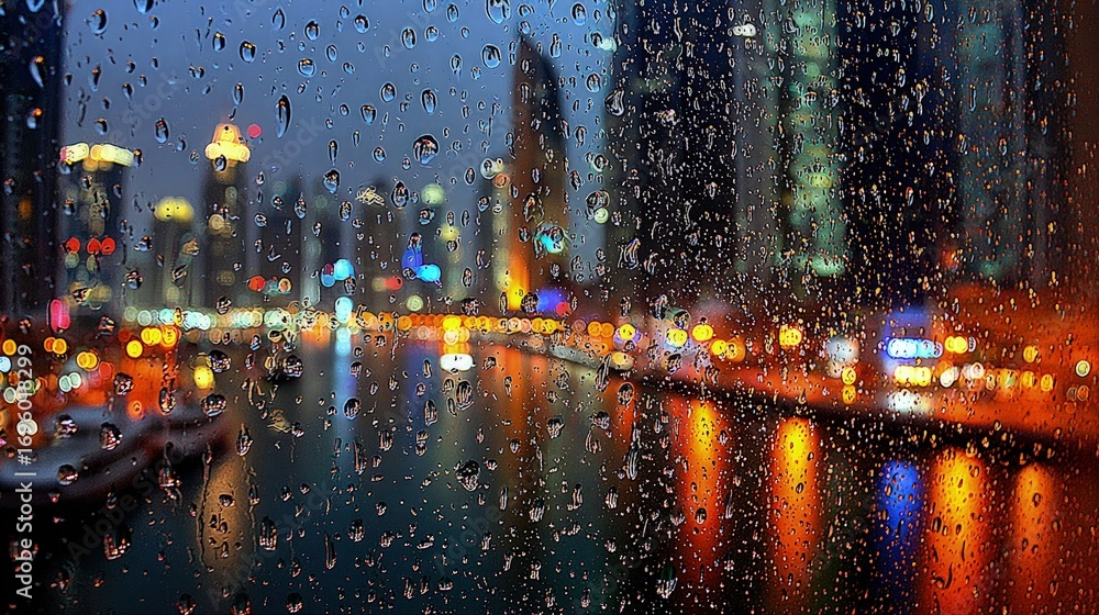 Obraz premium Rainy Night Cityscape Through Window