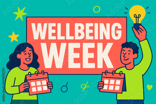 Wellbeing Week banner flat vector illustration bold oversized text inside rectangular frame cartoon characters holding calendars and light bulbs bright solid colors in neon coral bright.