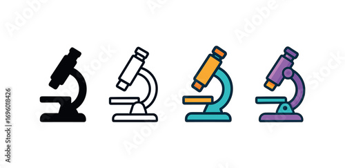 Vector icon microscope biology same pose same proportions four styles black solid glyph outline minimal flat multicolor filled cartoon flat shaded.