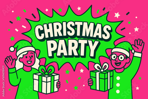 Christmas Party banner flat vector illustration bold oversized text inside comic burst cartoon characters waving with gift boxes bright solid colors in neon magenta vivid green snow white.