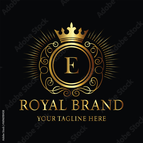 Elegant Gold Royal Brand Logo with Crown and Letter E