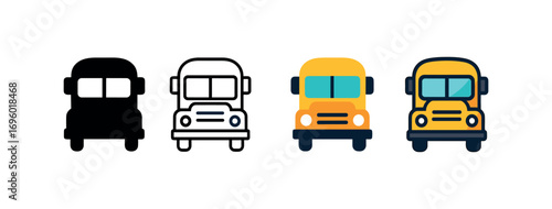 Vector icon school bus same pose same proportions four styles black solid glyph outline minimal flat multicolor filled cartoon flat shaded.