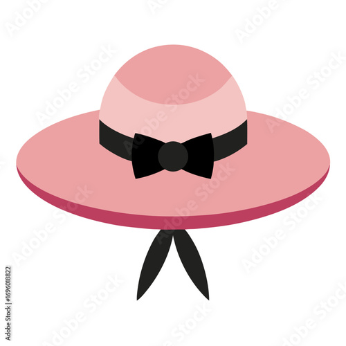 Light pink wide brim hat with black ribbon and bow vector on white background.