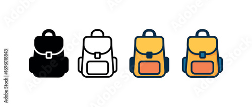 Vector icon backpack open same pose same proportions four styles black solid glyph outline minimal flat multicolor filled cartoon flat shaded.