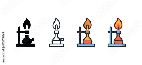 Vector icon chemistry burner same pose same proportions four styles black solid glyph outline minimal flat multicolor filled cartoon flat shaded.