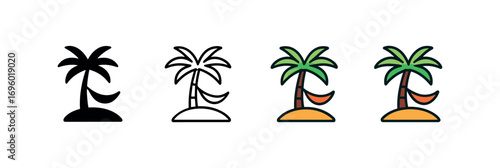 Vector icon island with hammock between palms same pose same proportions four styles black solid glyph outline minimal flat multicolor filled cartoon flat shaded.
