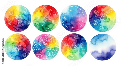 Vibrant Watercolor Spheres: Eight colorful spheres display artistic blend of vivid hues and intricate textures, exuding a sense of abstract beauty.