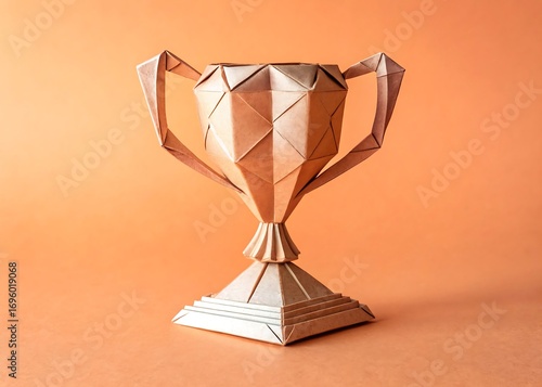 origami trophy angled flat on pastel orange background