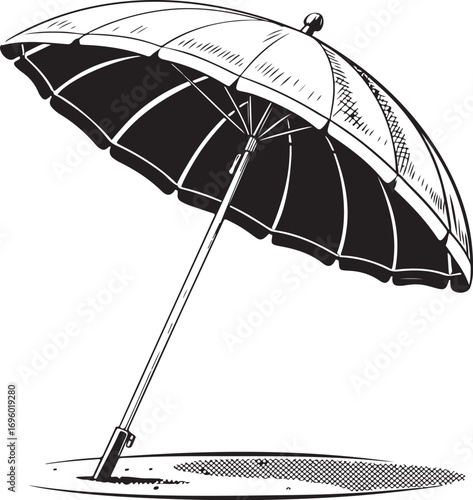 Beach Umbrella Parasol Sun Protection Vector Illustration, Sketch Drawing Line Linear Symbol Icon Engraving Coloring Book, Hand-drawn Doodle Black and White Isolated