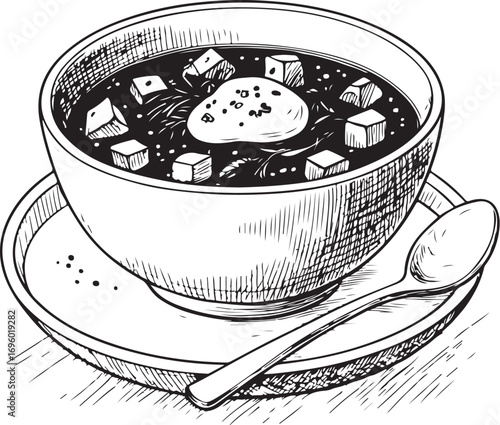 Borscht Soup in Bowl Vector Illustration, Sketch Drawing Line Linear Symbol Icon Engraving Coloring Book, Hand-drawn Doodle Black and White Isolated