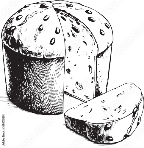 Panettone Easter Cake Vector Illustration, Sketch Drawing Line Linear Symbol Icon Engraving Coloring Book, Hand-drawn Doodle Black and White Isolated