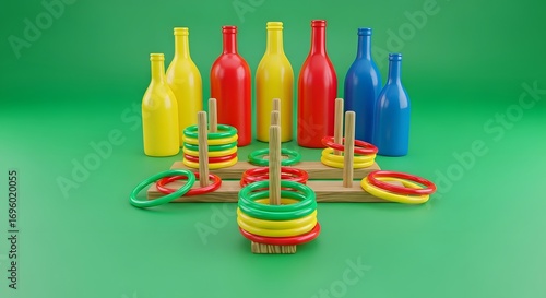 Colorful plastic bottle ring toss game set against a bright green background; flat lay image showing various colored rings and bottles; a cheerful, playful mood.