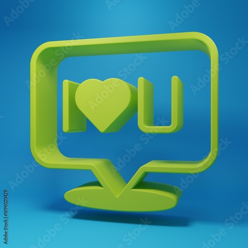 Green Speech bubble with text I love you icon isolated on blue background. Valentines day. Minimalism concept. 3D render illustration