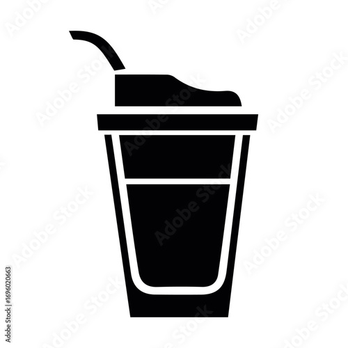 Disposable coffee cup with lid and straw – black silhouette, Vector illustration 