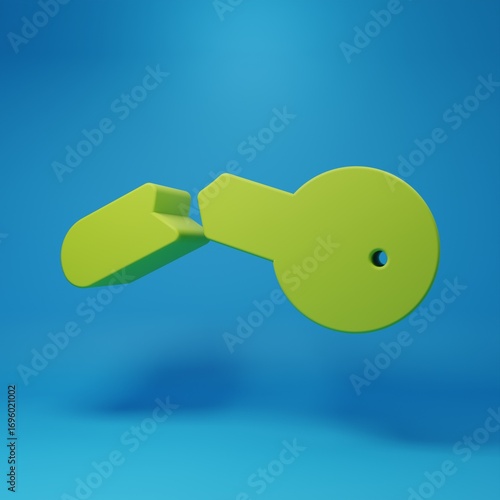 Green Broken key icon isolated on blue background. Minimalism concept. 3D render illustration